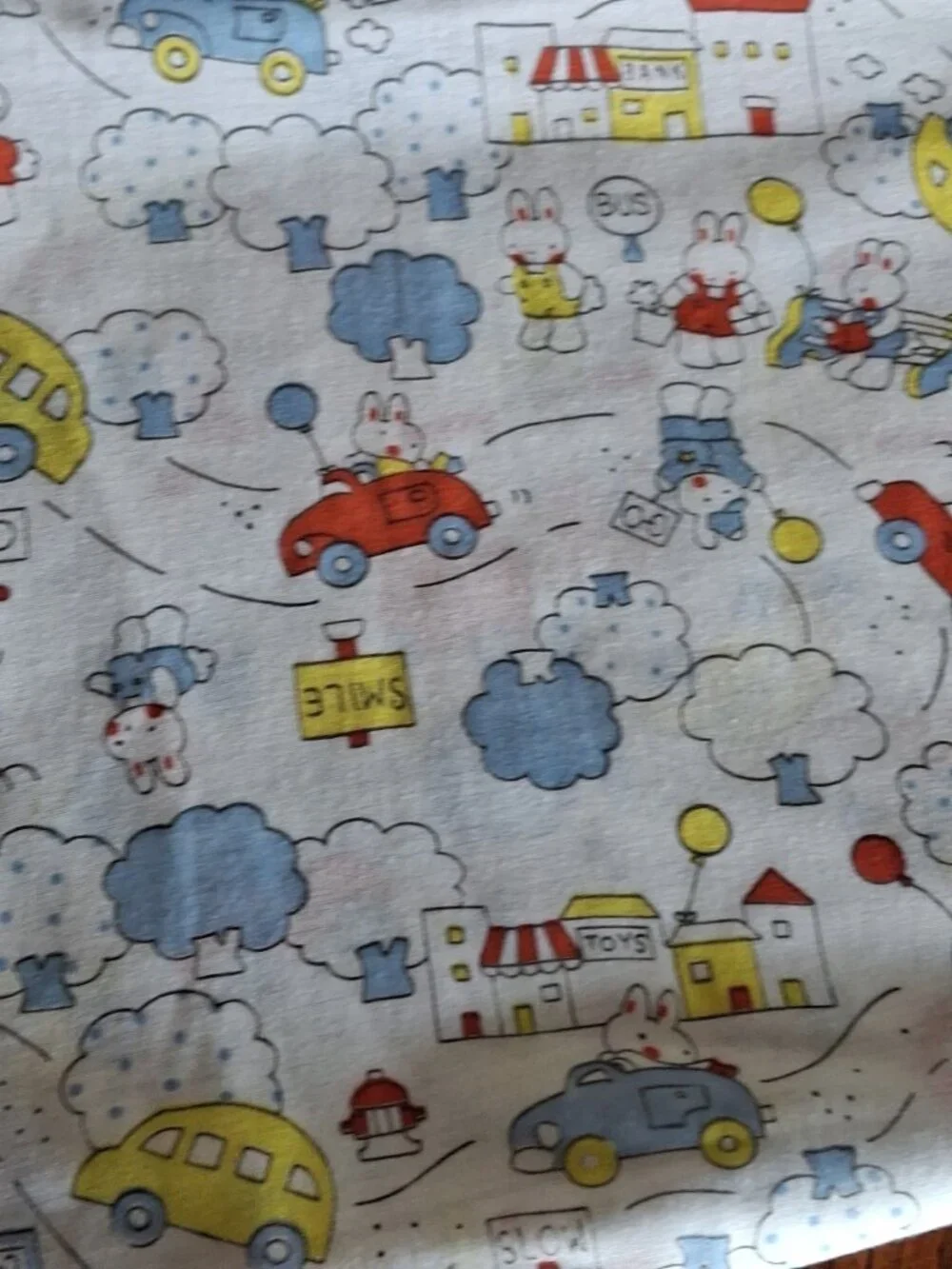 Vtg Knit Fabric Stretch Material - Blue Red Yellow Boy Bunnies Cars 1.25yd x 56